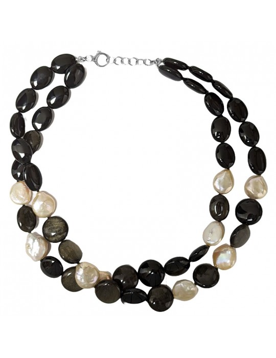 Collana Della Rovere - Multifilo - Perle Barocche -Ossidiana-COLDR8398