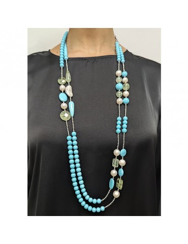 Della Rovere Necklace - in 925% Silver - Turquoise Paste-Pearls-COLDR8211