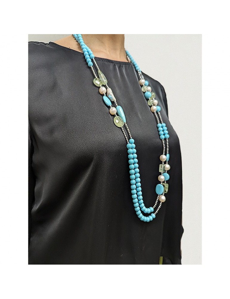 Della Rovere Necklace - in 925% Silver - Turquoise Paste-Pearls-COLDR8211
