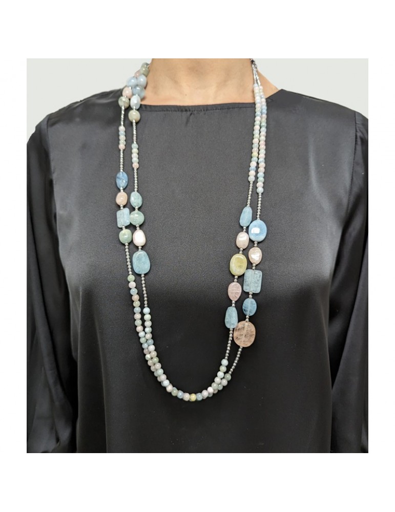 Della Rovere Necklace - Long - Aquamarine - Rose Quartz - COLDR8198
