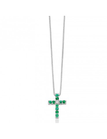Collana Miluna - Oro Bianco 18 carati - Pendente Croce - Smeraldi - Diamanti - CLD4568