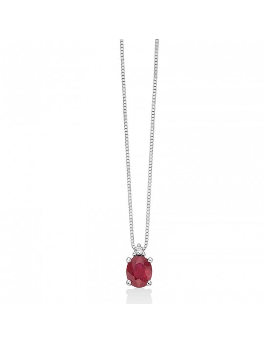 Miluna Necklace - in 18k White Gold with Oval Ruby Pendant and Natural Diamonds - 0