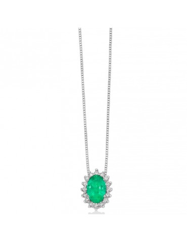 Miluna Necklace - 18k White Gold Rosette with Oval Emerald Pendant and Natural Diamonds - 0