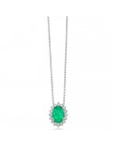 Miluna Necklace - 18k White Gold Rosette with Oval Emerald Pendant and Natural Diamonds - 0
