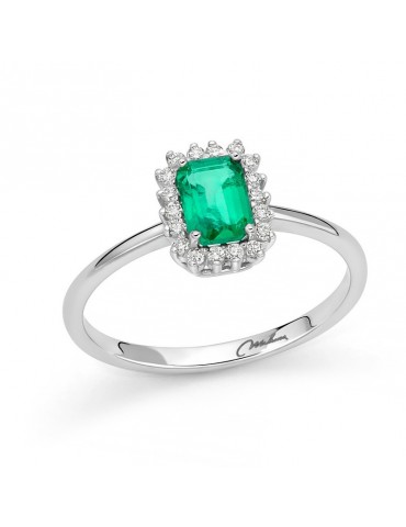Miluna Ring - 18k White Gold Rosette with Natural Diamonds and Green Emerald - 0
