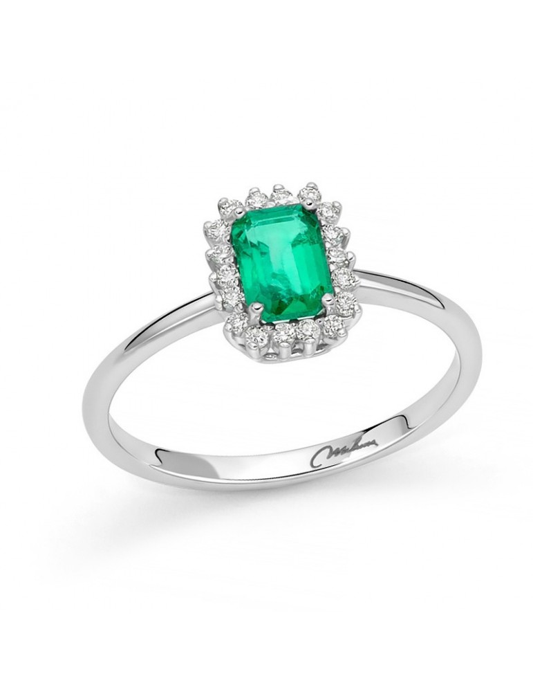 Anello Miluna - Rosetta - Oro Bianco 18 carati - Diamanti - Smeraldo Verde - LID3675