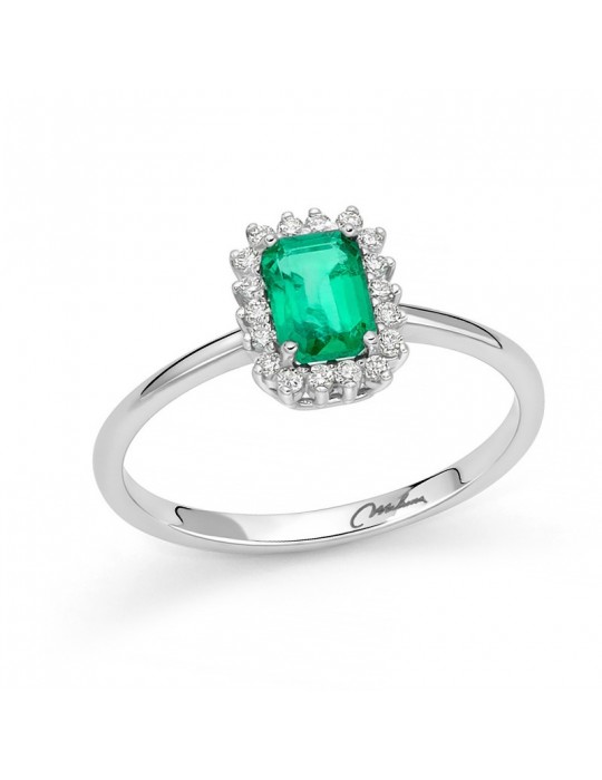 Anello Miluna - Rosetta - Oro Bianco 18 carati - Diamanti - Smeraldo Verde - LID3675