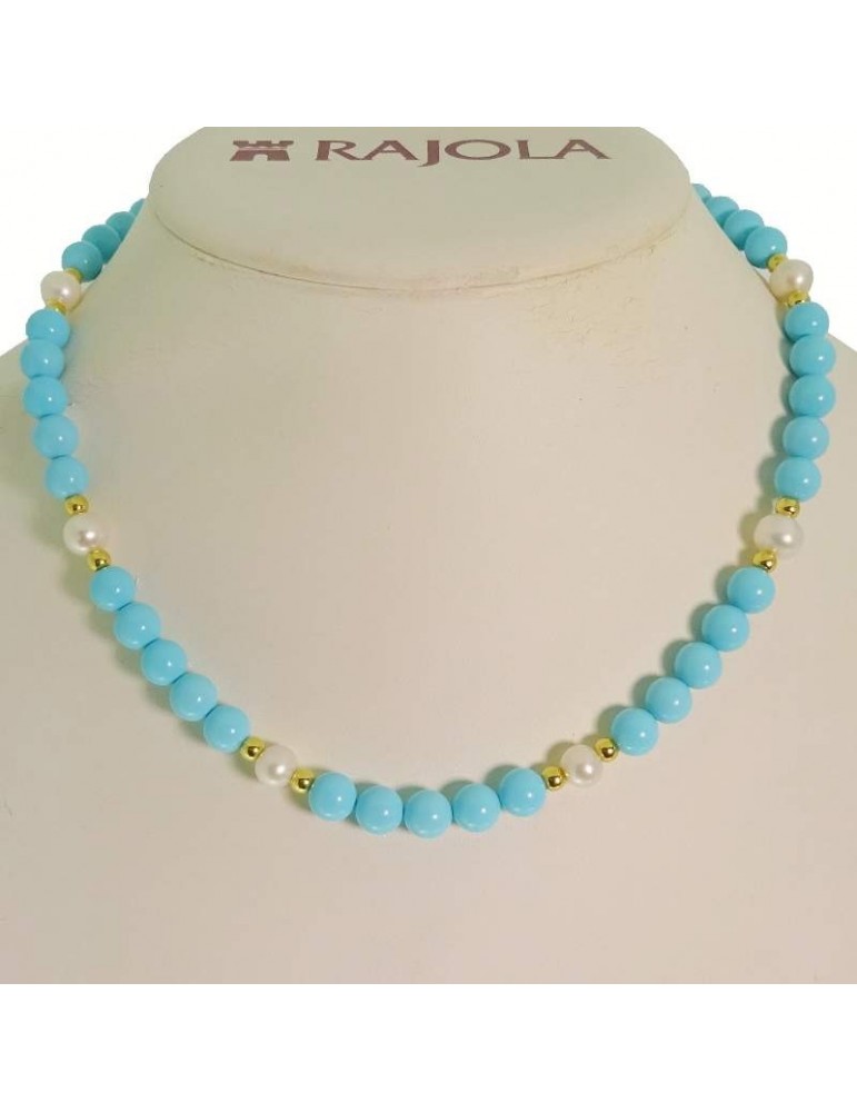 Rajola Necklace - Macari Choker - Turquoise Paste-White Pearls-454467