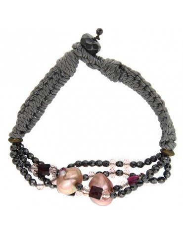 Bracciale Della Rovere - Cordino Grigio - Perle Barocche Rosa-EMAIB012