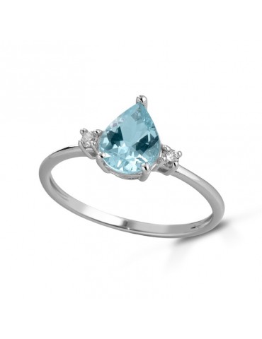 Lelune Diamonds Ring - in 18k White Gold with Natural Diamonds and Pear Aquamarine 0.80 carats - 0