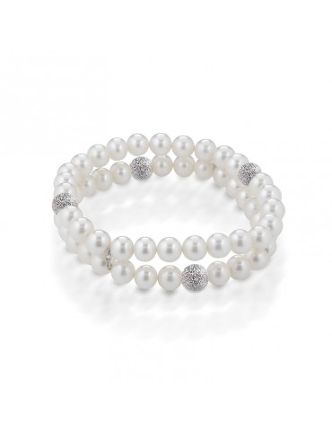 Bracciale Lelune - Classic Elastico - due Fili di Perle Freshwater 6,5-7mm e Sfere in Oro Puntinato - LLBRE270.1