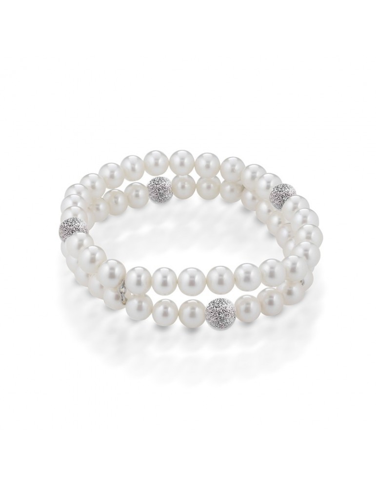 Lelune Bracelet - Classic Elastic with two strands of Freshwater Pearls 6.5-7mm and Dotted Gold Spheres - 0