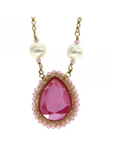 Sikè Necklace - Choker - Pearls - Pink Crystal - SW075