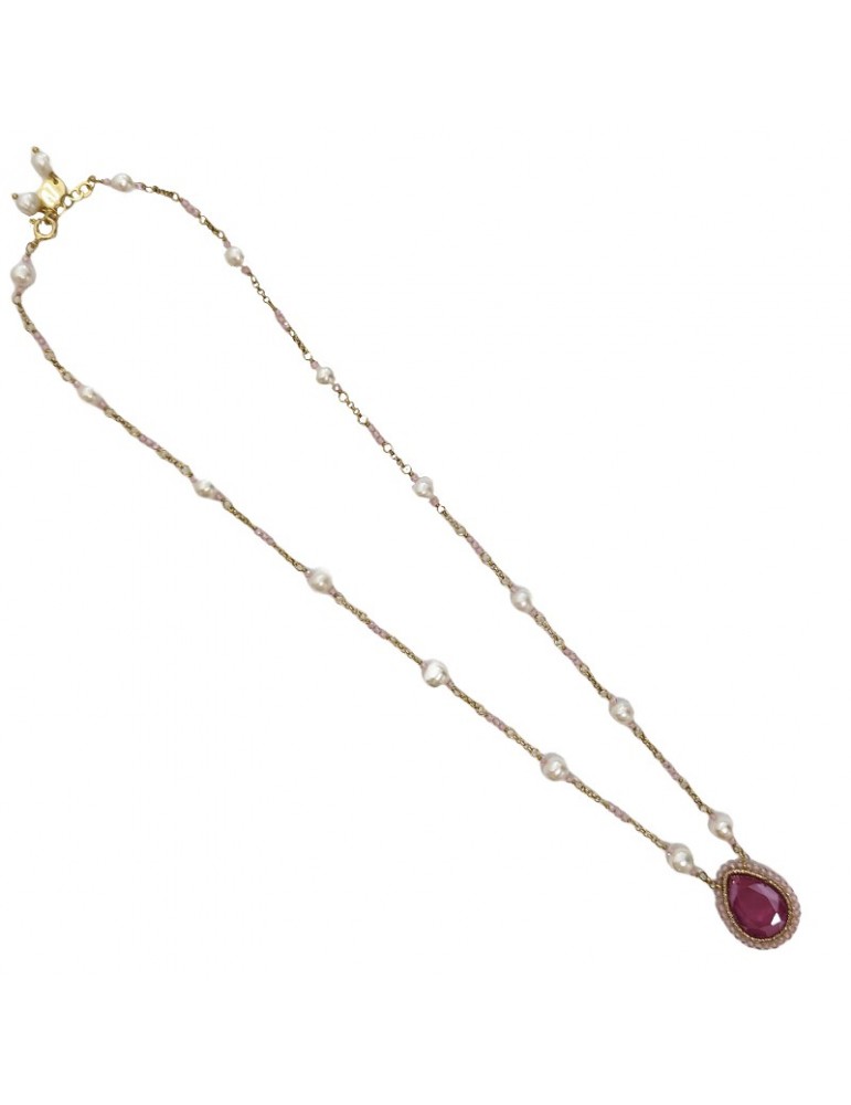 Sikè Necklace - Choker - Pearls - Pink Crystal - SW075
