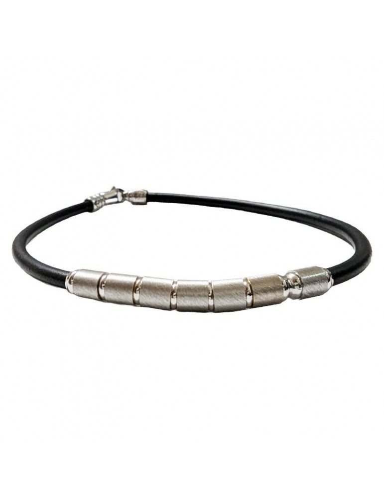 Zancan Bracelet - in Black Silicone - Satin Finished Elements - White Gold - BC009B