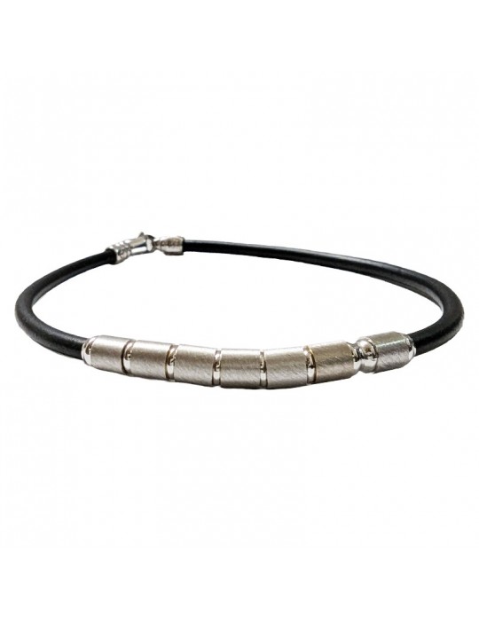 Zancan Bracelet - in Black Silicone - Satin Finished Elements - White Gold - BC009B