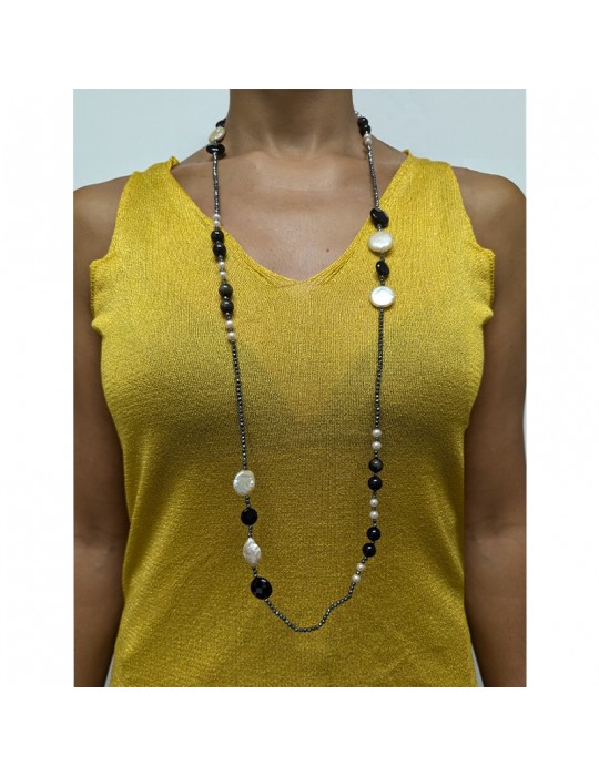 Della Rovere Necklace-Long-Baroque Pearls-Rainbow Obsidian-COLDR8399
