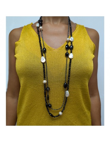 Della Rovere Necklace-Long-Baroque Pearls-Rainbow Obsidian-COLDR8297