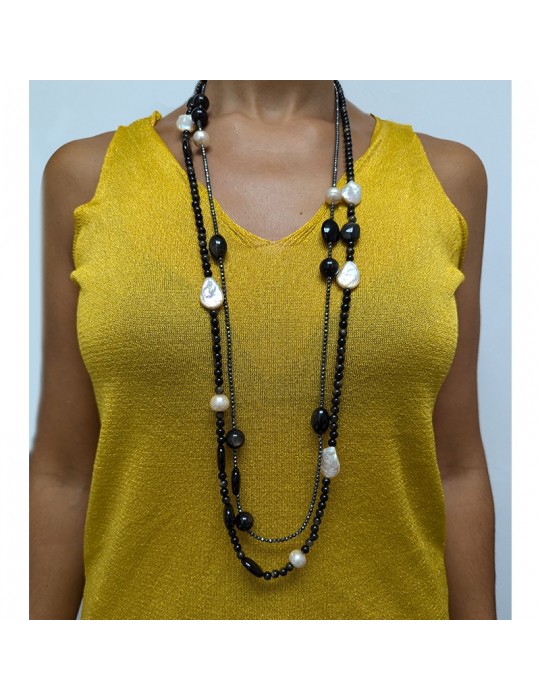 Della Rovere Necklace-Long-Baroque Pearls-Rainbow Obsidian-COLDR8297