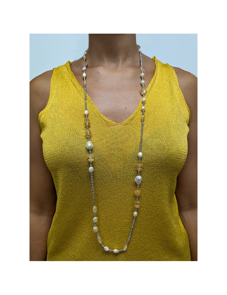Della Rovere Necklace - Long - Hematite - Baroque Pearls - COLDR7181