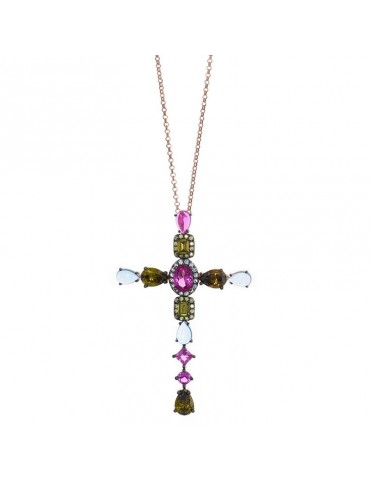 Collana Salvatore Plata - Genuine -Croce e Cristalli Colorati-234C0020