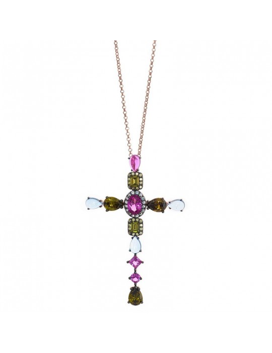 Salvatore Plata Necklace - Genuine - Cross and Colored Crystals - 234C0020