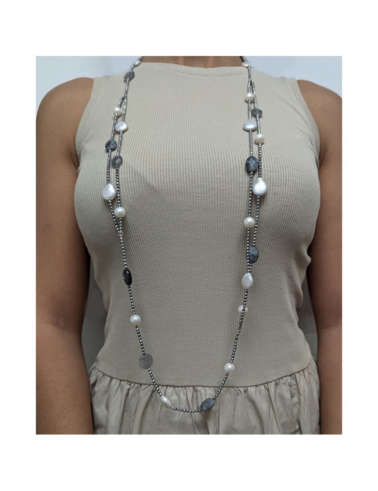 Della Rovere Necklace - Long - Gray Quartz - Baroque Pearls-COLDR8371