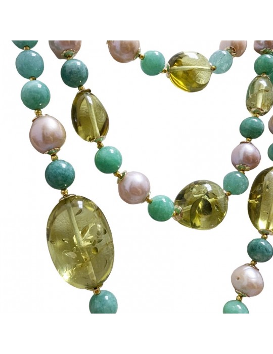 Giadan Necklace - Marzia - Green Amber - Pink Pearls - GIADAN31