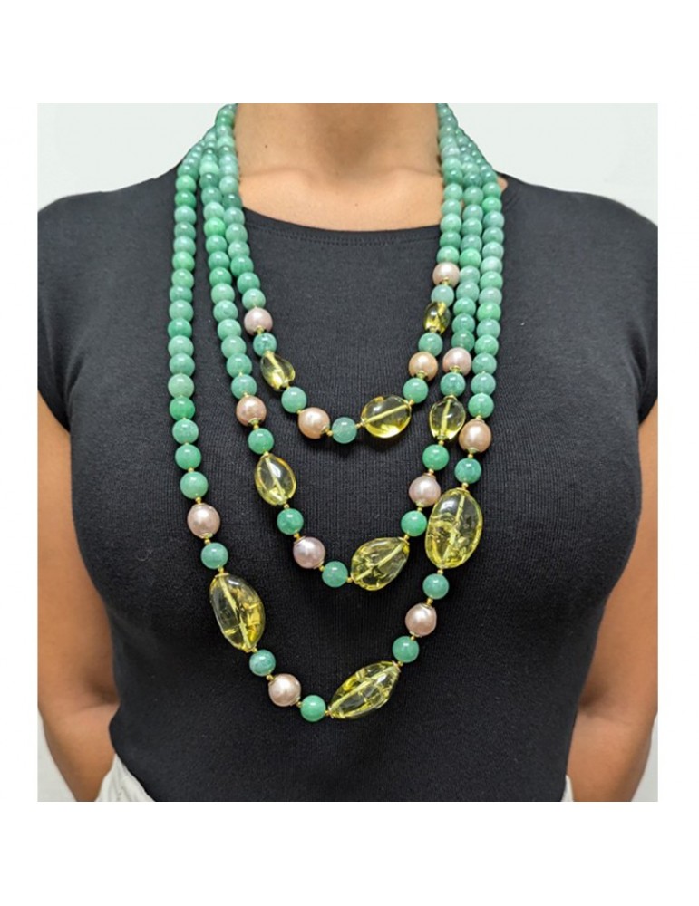 Giadan Necklace - Marzia - Green Amber - Pink Pearls - GIADAN31