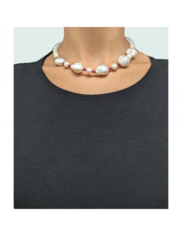 Giadan Necklace - White Sand - Choker - Baroque Pearls - Rubellite - GIADAN22