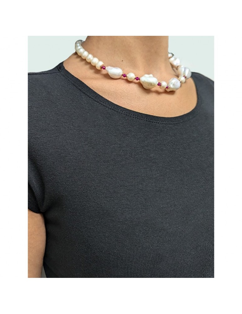 Giadan Necklace - White Sand - Choker - Baroque Pearls - Rubellite - GIADAN22