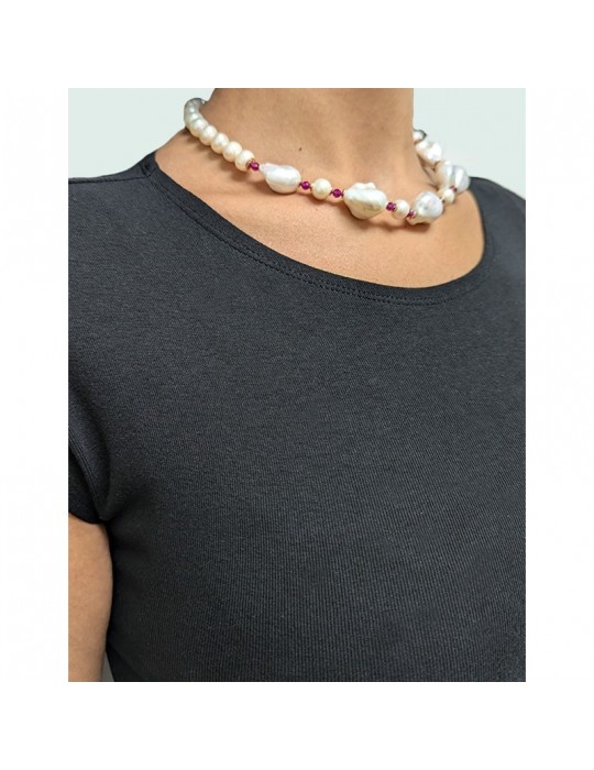 Giadan Necklace - White Sand - Choker - Baroque Pearls - Rubellite - GIADAN22