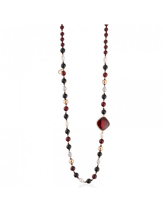 Collana Lelune Glamour - Carmen con Agata Nera e Giada Rossa - 88 centimetri - LGNK593.1
