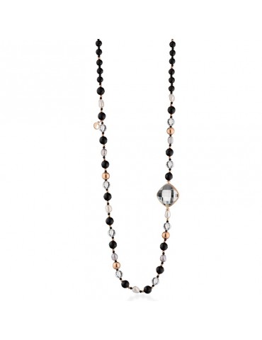 Collana Lelune Glamour - Carmen con Agata Nera e Cristallo di Rocca - 88 centimetri - LGNK593