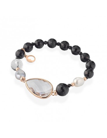 Bracciale Lelune Glamour - Carmen con Agata Nera e Cristallo di Rocca - 18 centimetri - LGBR590