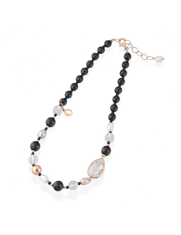 Collana Lelune Glamour - Carmen con Agata Nera e Cristallo di Rocca - 48 centimetri - LGNK590