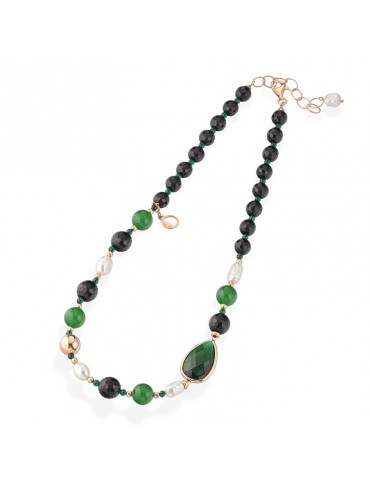 Collana Lelune Glamour - Carmen con Agata Nera e Giada Verde - 48 centimetri - LGNK590.2
