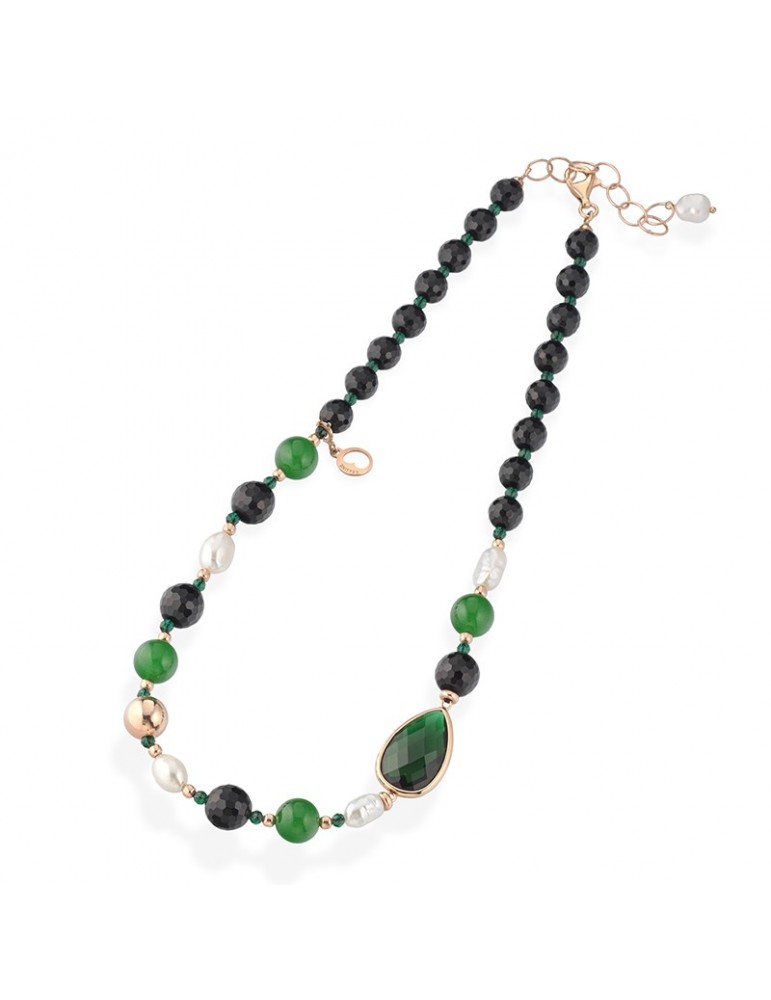Lelune Glamour Necklace - Carmen with Black Agate and Green Jade - 48 cm - 0