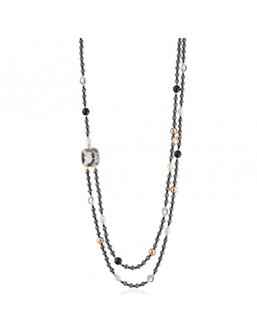Collana Lelune Glamour - Carmen Doppio Filo - Ematite Nera - Cristallo di Rocca - 88 centimetri - LGNK594
