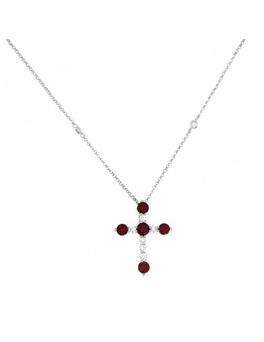 Collana Picca - Croce in Oro Bianco con Diamanti e Rubini - 0