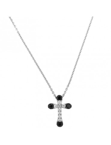 Collana Picca Donna - Croce in Oro Bianco con Diamanti Bianchi e Neri - 0