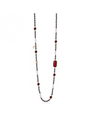 Collana Lelune Glamour - Carmen in Ematite Nera e Cristalli Rossi - 90 centimetri