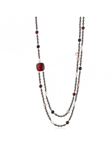 Collana Lelune Glamour - Carmen Doppio Filo con Ematite Nera e Giada Rossa - 88 centimetri - LGNK594.1