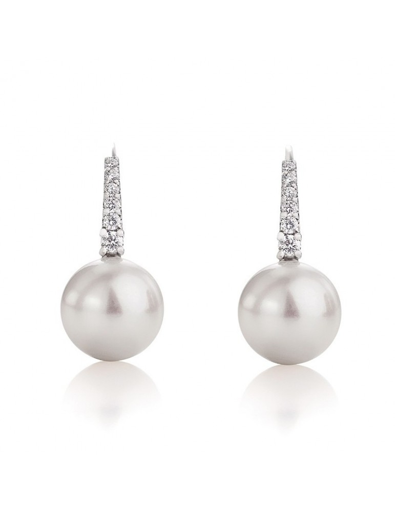 Coscia Earrings - 18K White Gold Pendants with 11-12mm Freshwater Pearls and 0.13 Ct Diamonds - 0