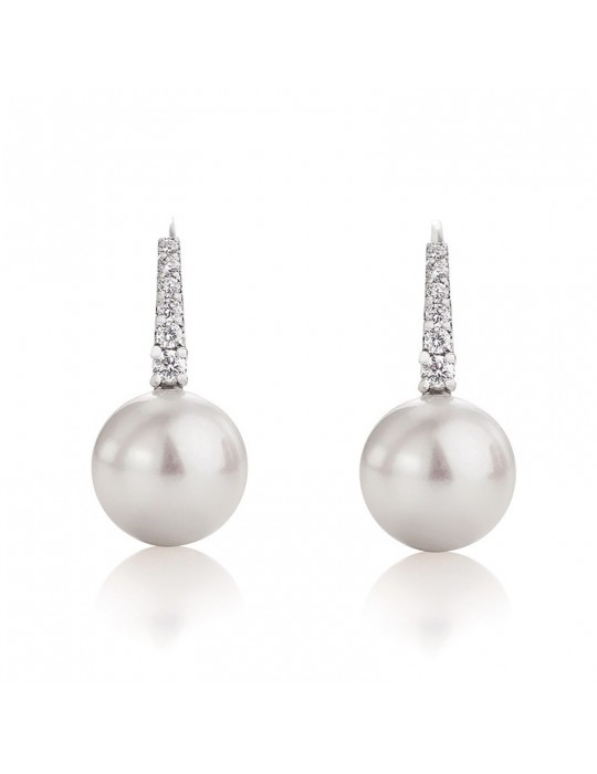 Coscia Earrings - 18K White Gold Pendants with 11-12mm Freshwater Pearls and 0.13 Ct Diamonds - 0