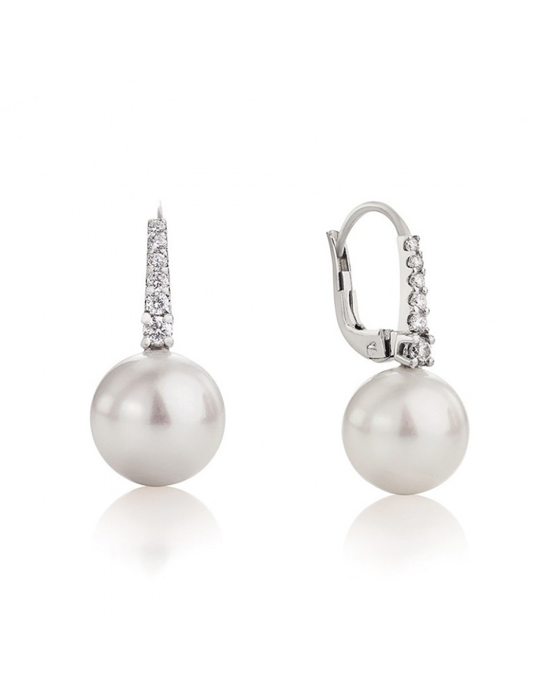 Coscia Earrings - 18K White Gold Pendants with 11-12mm Freshwater Pearls and 0.13 Ct Diamonds - 0