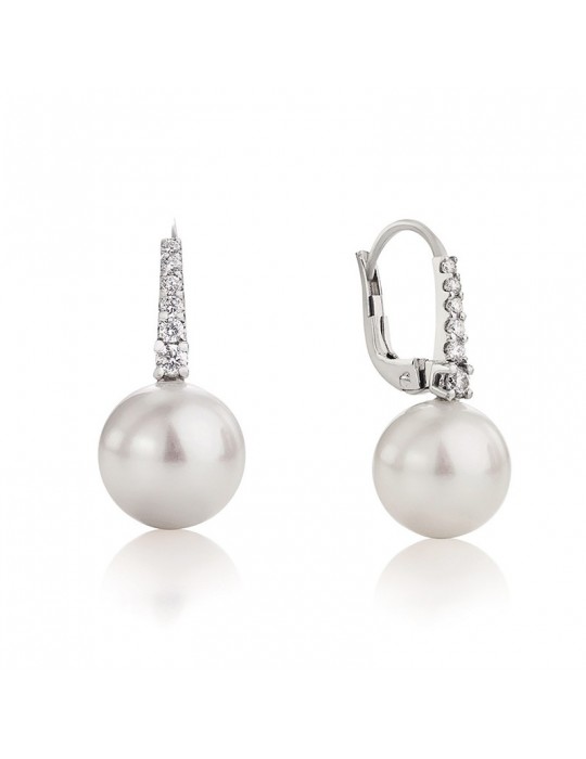 Orecchini Coscia - Pendenti in Oro Bianco 18 Carati con Perle Freshwater 11-12mm e Diamanti 0,13 Ct - LBEAFWED674