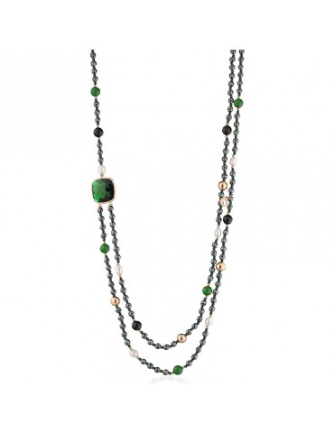 Collana Lelune Glamour - Carmen Doppio Filo con Ematite Nera e Giada Verde - 88 centimetri - LGNK594.2