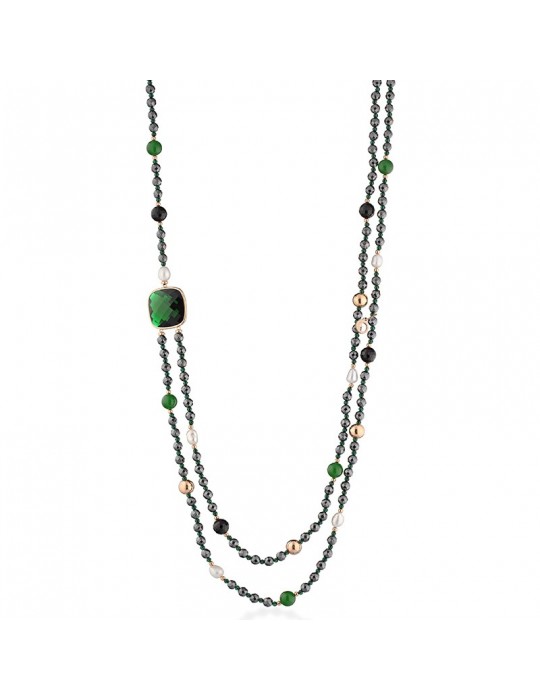 Lelune Glamour Necklace - Carmen Double Strand with Black Hematite and Green Jade - 88 cm - 0