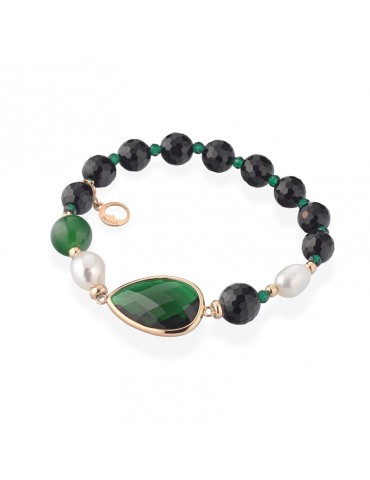 Bracciale Lelune Glamour - Carmen con Agata Nera e Cristalli Verdi - 18 centimetri - LGBR590.2